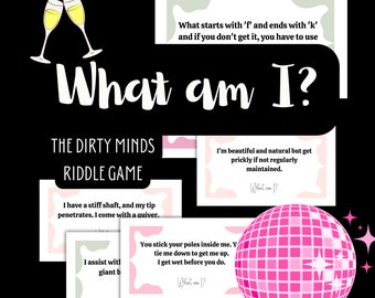 May include: A pink and white game card with the text "What am I?" and a pink disco ball. The card has a riddle that reads "I'm beautiful and natural but get prickly if not regularly maintained."