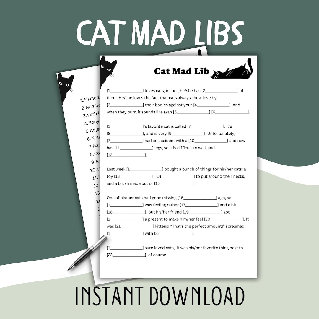 Cat Mad Libs Style Story Game – Printable Cat Fill-in-the-blanks Funny ...