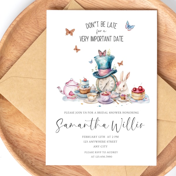 Alice In Wonderland Bridal Shower Invitation Editable Alice In Wonderland Bridal Shower Invite Tea Party Bridal Invite Watercolor