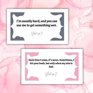 May include: Two white rectangular cards with gray and pink decorative borders. The top card has the text "I'm usually hard, and you can use me to get something wet. What am I?" The bottom card reads "Each time I come, it's news. What am I?"