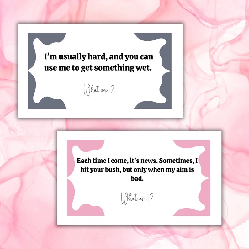 May include: Two white rectangular cards with gray and pink decorative borders. The top card has the text "I'm usually hard, and you can use me to get something wet. What am I?" The bottom card reads "Each time I come, it's news. What am I?"