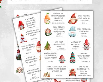 May include: Printable Christmas jokes cards featuring illustrations of gnomes, reindeer, penguins, and gingerbread men. The cards have a white background with red and green accents. Each card has a Christmas-themed joke and answer.