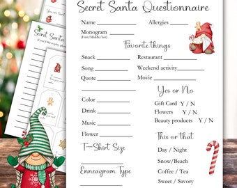 May include: A printable Secret Santa Questionnaire featuring a festive Christmas gnome illustration. The questionnaire asks for personal information, favourite things, and preferences. It includes sections for "Yes or No" and "This or That" questions.