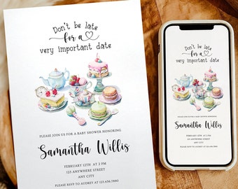 Pode incluir: Um convite para um chá de bebê com uma ilustração em aquarela de xícaras de chá, doces e um bule. O texto diz "Não se atrase para um encontro muito importante." e "Por favor, junte-se a nós para um chá de bebê em homenagem a Samantha Willis. 12 de fevereiro às 14h. 123 Anywhere Street. Any City. Por favor, confirme sua presença com Audrey no 123.456.7890."