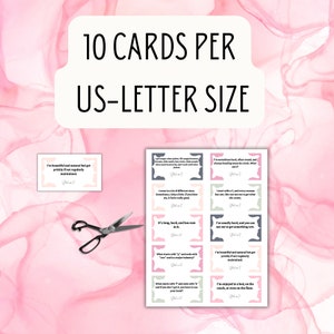 May include: A collection of ten cards with playful riddles, in a US-Letter size format. The cards feature pastel colors and decorative shapes. A pair of scissors is placed near the cards. The text on the cards includes riddles and the phrase "What am I?"