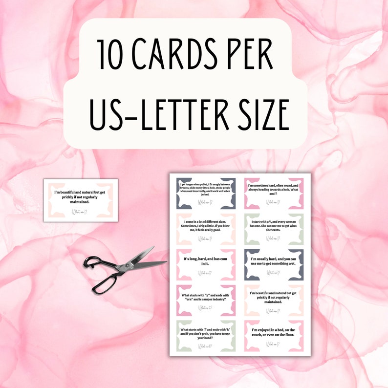 May include: A collection of ten cards with playful riddles, in a US-Letter size format. The cards feature pastel colors and decorative shapes. A pair of scissors is placed near the cards. The text on the cards includes riddles and the phrase "What am I?"