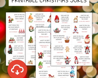 May include: Printable Christmas jokes with illustrations of gnomes, penguins, reindeer, and other holiday characters. Each card features a Christmas-themed joke and answer.