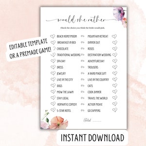Would She Rather Bridal Shower Game Template Bridal Shower Game Bridal Game Template  Bridal Shower Would Bride Rather Bridal Party Game