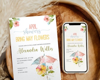 April Showers Bring May Flowers Spring Baby Shower Invitation Template April Showers Invite Editable Baby Shower Invite Instant Download