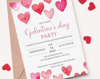 Galentine's Day Invitation Galentine's Day Invite Editable Invitation Galentine'sday Printable Invitation Red Watercolor Hearts