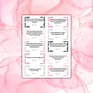 May include: A set of printed cards with playful riddles on a white background. Each card has a unique shape and a pastel color scheme of pink, green, and blue. The text is in a simple, readable font.