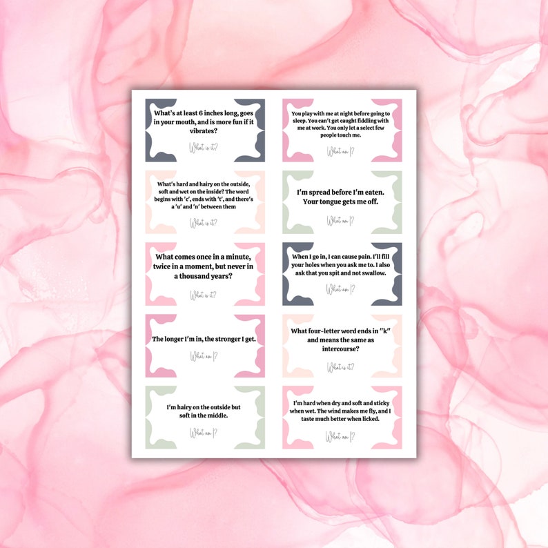 May include: A set of printed cards with playful riddles on a white background. Each card has a unique shape and a pastel color scheme of pink, green, and blue. The text is in a simple, readable font.