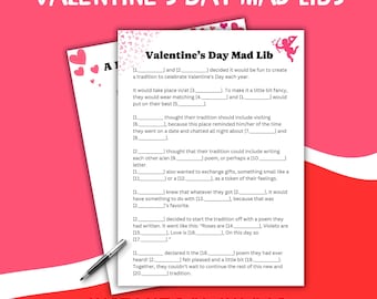 Valentine's Day Mad Libs Style Story Game – Printable Valentines Day Fill-in-the-Blanks Funny Word Game, Party Games, PDF Download
