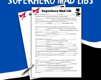 スーパーヒーローマッドリブス風ストーリーゲーム - 印刷可能なスーパーヒーロー穴埋め式面白い単語ゲーム、スーパーヒーローパーティーゲーム、PDFダウンロード
