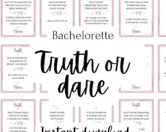 May include: A printable set of pink and white cards with the text "Truth or Dare" in black. The cards feature questions and dares for a bachelorette party.