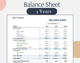 May include: A balance sheet for ABC Company showing assets, liabilities, and owner's equity for the years 2024, 2025, and 2026.