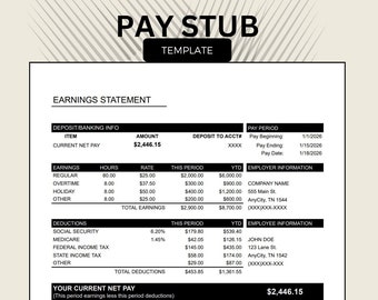Paystub Template, Earnings Statement, Employee Payroll, Small Business Paystub Template, Nanny Pay Stub, Employee Earnings Pay Report