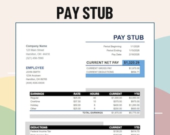 Paystub Template, Earnings Statement, Employee Payroll, Small Business Paystub Template, Payslip Template , Earnings Report, Modern Pay Stub
