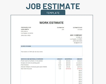 May include: Job estimate template with a detailed breakdown of services and materials for painting the exterior of a 3,500 square foot, two-story home. The estimate includes power washing, scraping, sanding, painting, and discounts for new clients. The total estimated cost is $8,387.50.