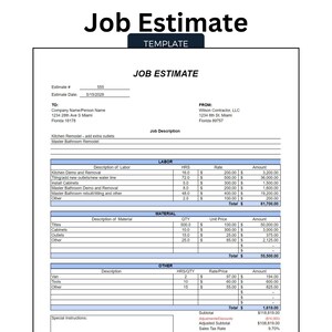 Job Estimate Template Bid Template Construction Proposal Scope of