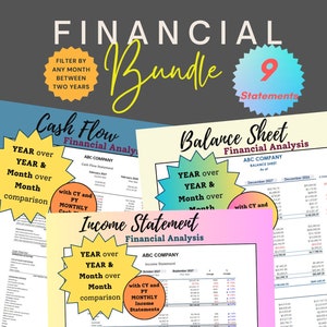 May include: A financial bundle with nine statements, including a cash flow statement, balance sheet, and income statement. Each statement includes a year-over-year and month-over-month comparison with current year and prior year data.