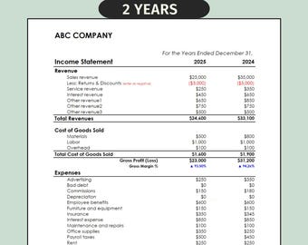 Two Year Income Statement Template (Excel & Google Sheets)