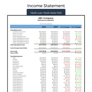 May include: An income statement from ABC Company, showing profit and loss data for 2026 and 2025. The financial document includes operating income, expenses, and net income figures, with year-on-year analysis.