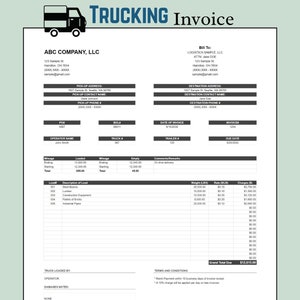 May include: A black and white trucking invoice with the title "TRUCKING Invoice" at the top. The invoice is for ABC COMPANY, LLC and is addressed to LOGISTICS SAMPLE, LLC. The invoice includes details such as the date of invoice, invoice number, due date, and a list of items with their corresponding weights, rates, and charges.