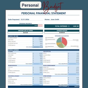 Monthly Personal Finance Spreadsheet | Income, Expenses & Budget Comparison
