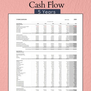 May include: A spreadsheet showing a 5-year cash flow projection for a business. The spreadsheet includes sections for cash receipts, cash paid out, operating activities, investing activities, financing activities, and net increase or decrease in cash flow.
