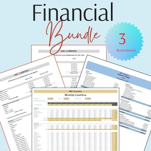 May include: A financial bundle with three statements: Profit and Loss Statement for the Year, Profit and Loss Statement for the Month, and Balance Sheet. The statements are in a spreadsheet format with columns for different financial categories and rows for different time periods. The statements are labeled with the company name "ABC Company".