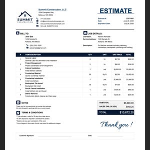 May include: A white job estimate document for Summit Construction, LLC, featuring a company logo, contact details, and a detailed table listing kitchen remodel services including labor, cabinet installation, and countertop materials with a total cost.