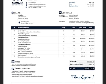 Job Estimate Template: Construction, Contractor Proposal, Bid (Google Sheets & Excel)
