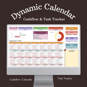 Puede incluir: Una pantalla de ordenador que muestra un calendario dinámico con un rastreador de flujo de caja y tareas. El calendario es para septiembre de 2030 e incluye una sección para las tareas de hoy, una lista de tareas pendientes y un gráfico circular. El texto "Dynamic Calendar" y "Cashflow & Task Tracker" está en la parte superior de la pantalla.