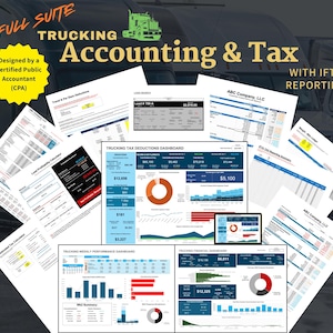 May include: A collage of financial documents and dashboards related to trucking accounting and tax services. The image includes charts, graphs, and spreadsheets, with text such as "Trucking Tax Deductions Dashboard" and "IFTA Reporting". The phrase "Designed by a Certified Public Accountant (CPA)" is also visible.