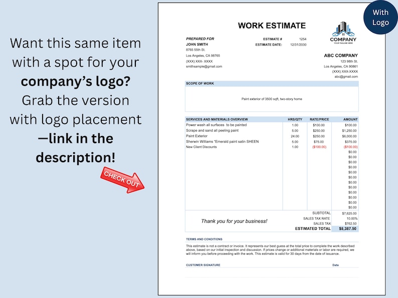 Job Estimate Template: Construction Proposal, Bid, Scope of Work (excel ...