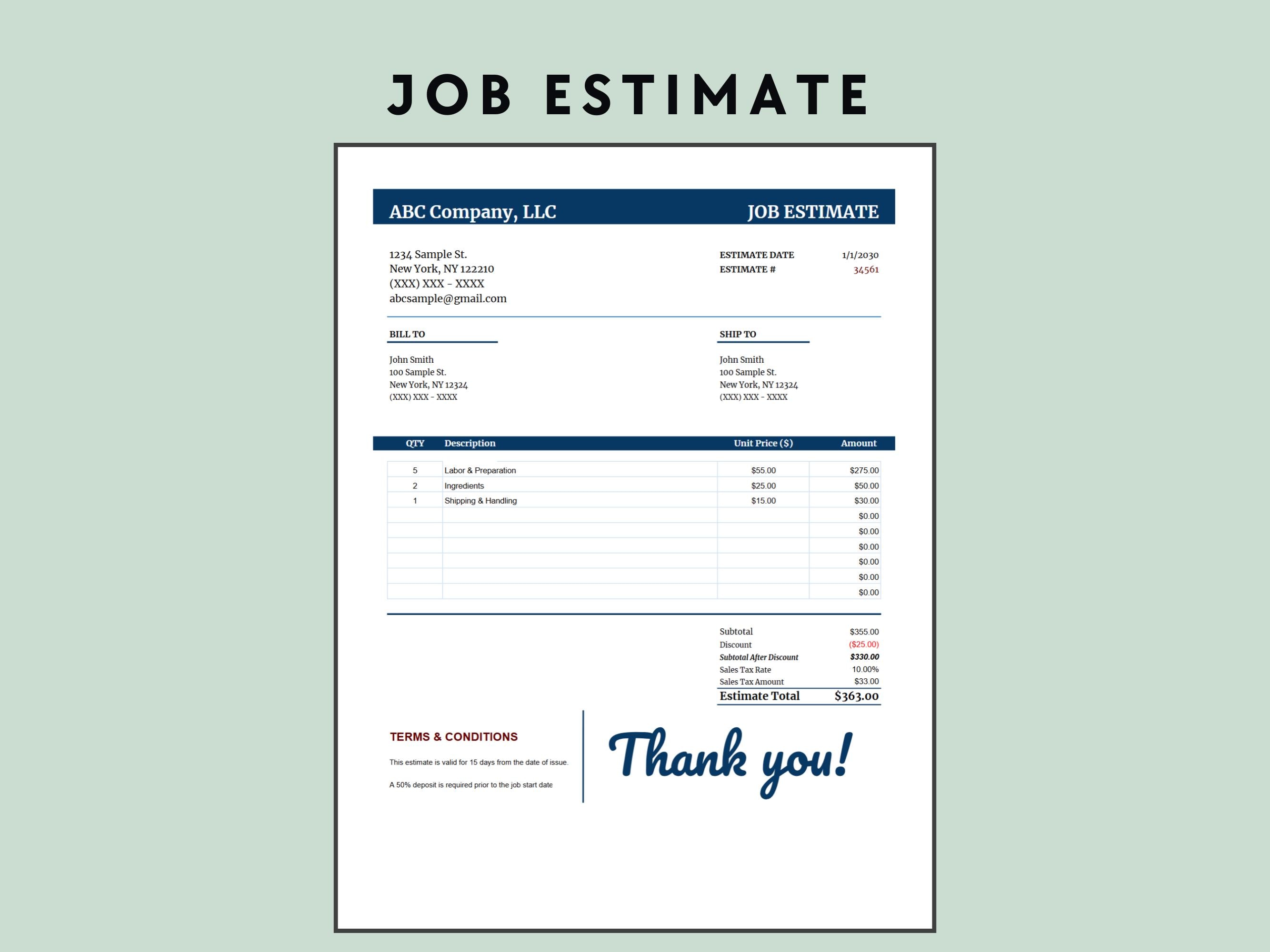 Estimation Box Job Estimate Template: Work Proposal (google Sheets & Excel) - Etsy