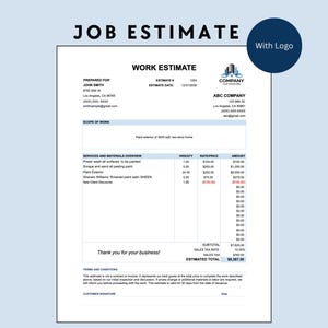 May include: A job estimate document with the title "JOB ESTIMATE" at the top. The document includes sections for prepared for, scope of work, services and materials overview, and estimated total. The document has a blue background and a company logo.