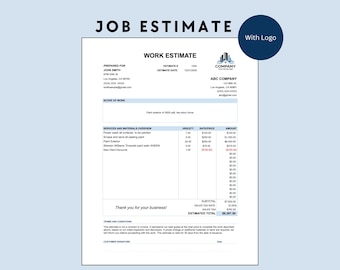 May include: A job estimate document with the title "JOB ESTIMATE" at the top. The document includes sections for prepared for, scope of work, services and materials overview, and estimated total. The document has a blue background and a company logo.