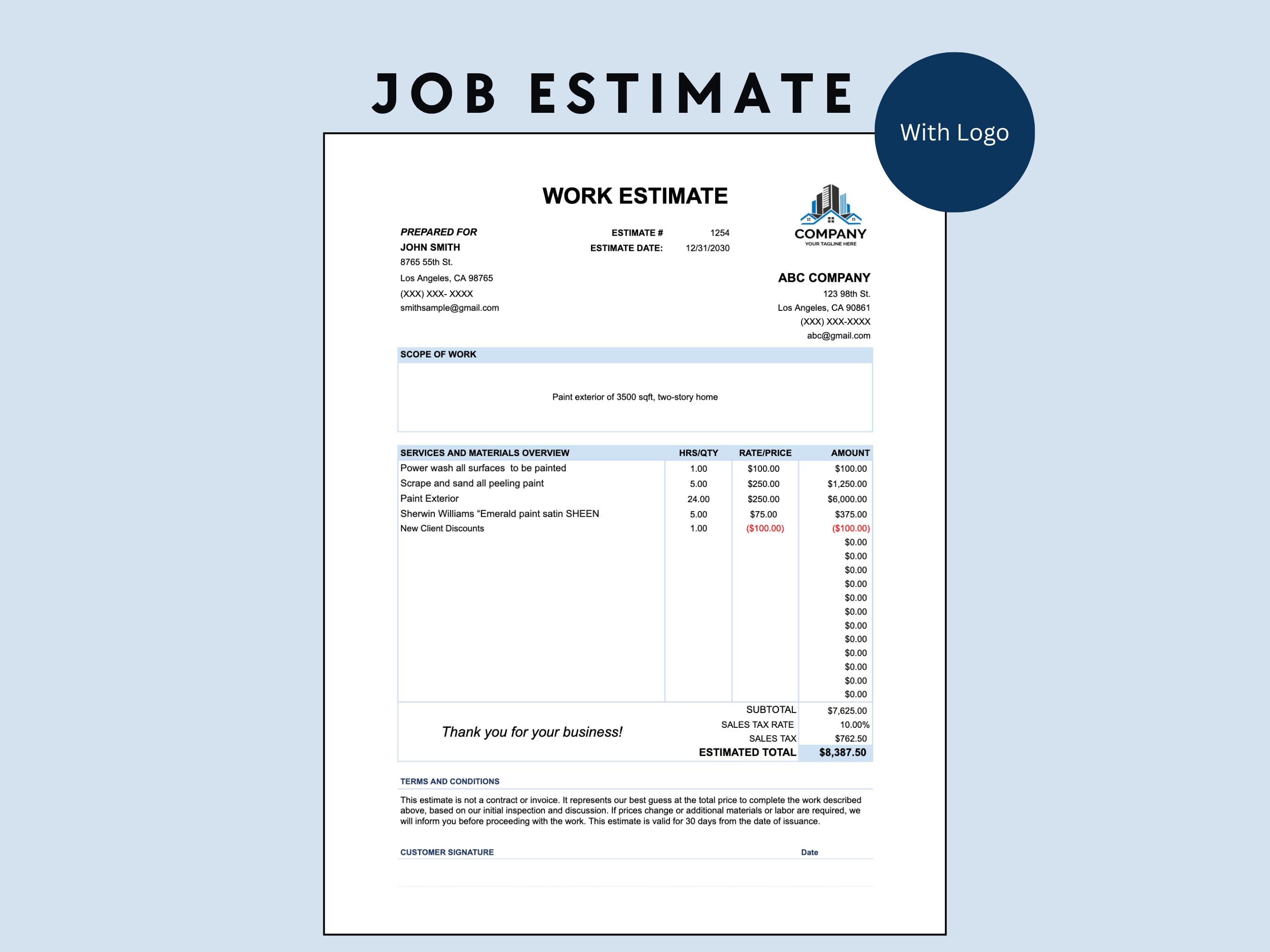 Job Estimate Template: Construction, Plumbing, Electrical (google ...