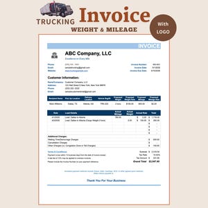 Puede incluir: Una factura de transporte por carretera con el encabezado "TRUCKING WEIGHT & MILEAGE" y la palabra "Invoice" en un lugar destacado. El documento incluye secciones para la información del cliente, los detalles de la carga y los cargos adicionales, con un total final.