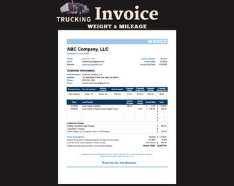 May include: A white Trucking Invoice Weight & Mileage document featuring a graphic of a semi-truck. The form includes fields for ABC Company, LLC, customer information, load details, mileage, weight, additional charges, and a grand total of $2,547.60.