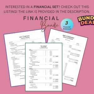 May include: A financial statement bundle with three documents: Cash Flow Statement, Balance Sheet, and Profit & Loss Statement. The documents are labeled "ABC Company" and include a title and date. The bundle is advertised as a "Financial Bundle" with a red circle containing the text "3 Financial Statement" and a yellow circle with the text "Bundle Deals".