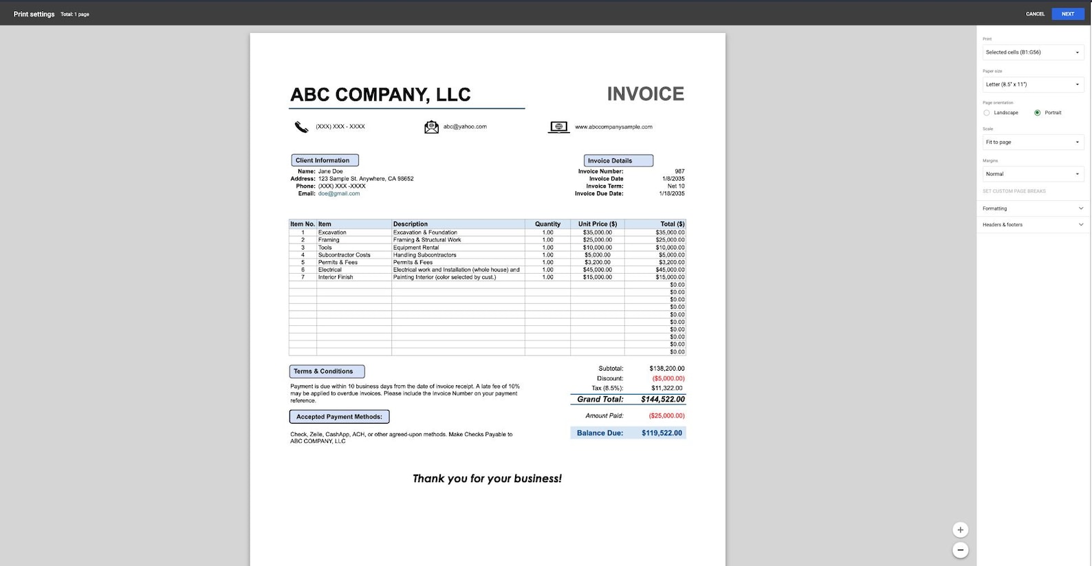 Editable Business Invoice Template | Billing Receipt (excel & Google ...