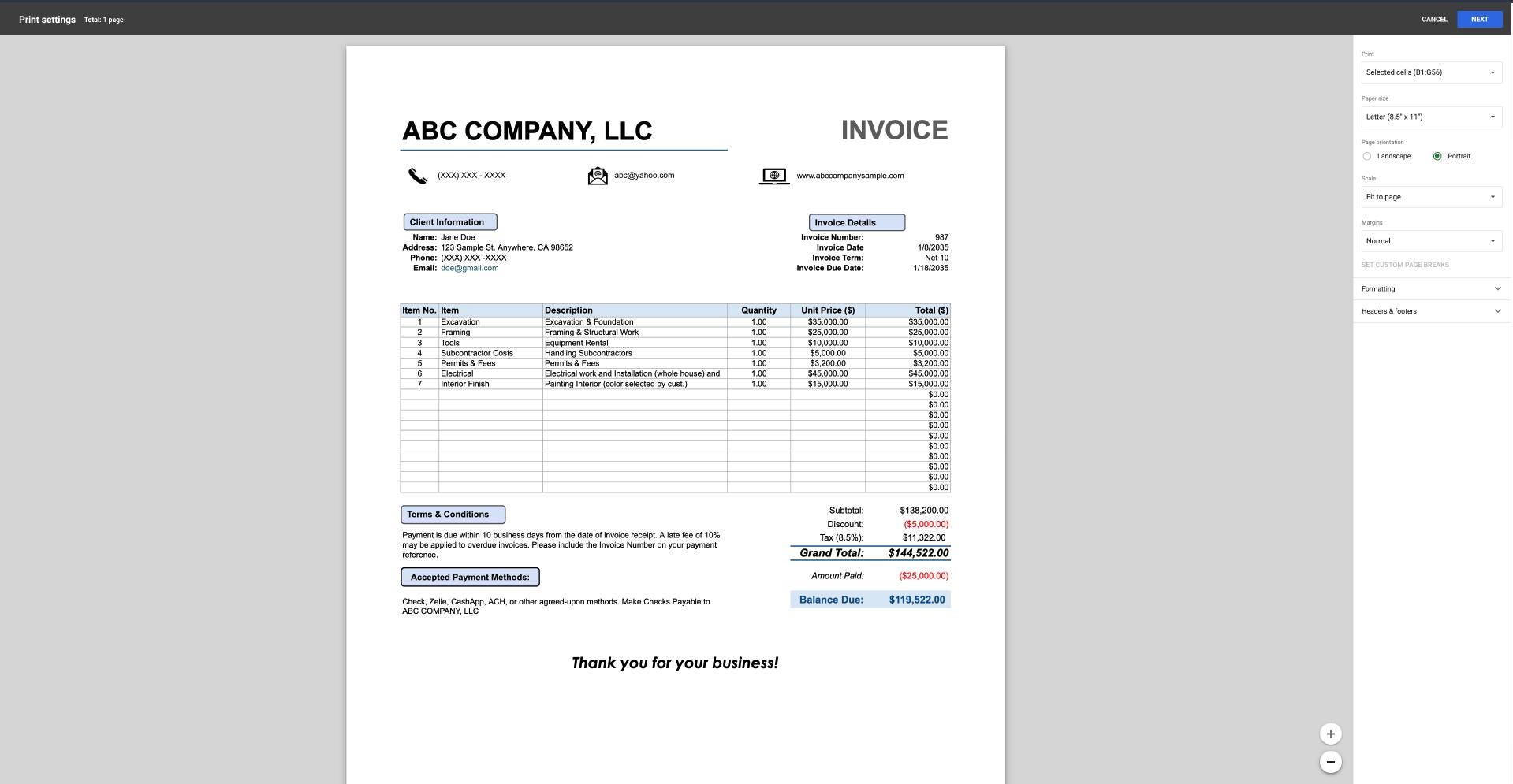 Editable Business Invoice Template | Billing Receipt (excel & Google ...