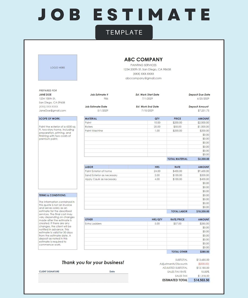 Job Estimate Template: Contractor Proposal, Editable PDF - Etsy