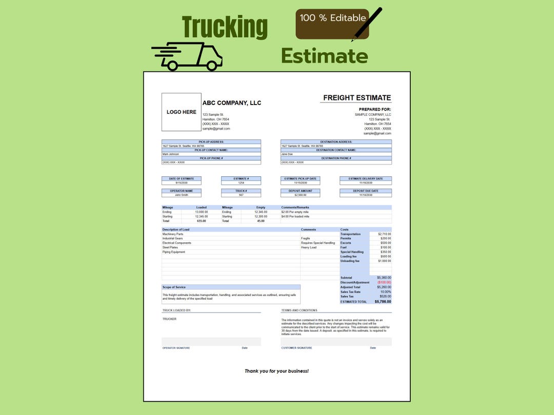 Trucking Estimate Template: Freight, Mileage, Delivery - Etsy