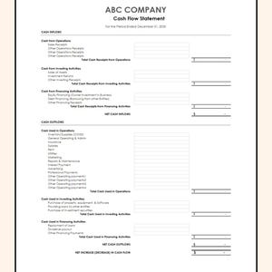 May include: A black and white cash flow statement for ABC Company for the period ending December 31, 2030. The statement includes sections for cash inflows and outflows, broken down by operations, investing, and financing activities.