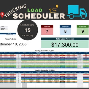 May include: A screenshot of a trucking load scheduler app. The app shows a calendar with dates for September 10th and 11th, 2035. The app also shows a total load revenue of $17,300.00. The app has a section for empty loads, booked loads, and in-transit loads.