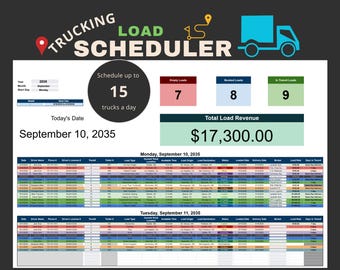 May include: A digital Trucking Load Scheduler spreadsheet template featuring a header with a truck icon, a summary section for 15 trucks, load counts, and total revenue of $17,300.00. It includes detailed daily logs for Monday and Tuesday.